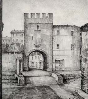 La realizzazione grafica dell'artista Mario Lapi raffigurante Porta di Levante con il ponticello sulle "Cale" dove era collocata una Edicola sulla spalletta con l'affresco della "Madonna delle Cale". (dal libro "Caro Vecchio Borgo" 1989)