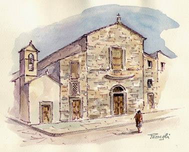 Da una ideazione artistica in acquerello del pittore Enrico Pazzagli, la facciata della Pieve di Borgo San Lorenzo con la raffigurazione dell’osso di balena sopra il portale della chiesa borghigiana, cos� come &nbsp;descritto dal Podest� Mannucci nel 1743 .  &nbsp;&nbsp;&nbsp;