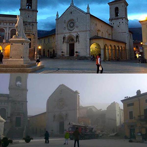 S.Benedetto a Norcia - patrono d'Europa - prima e dopo la scossa di 6.5 del 30 ottobre 2016