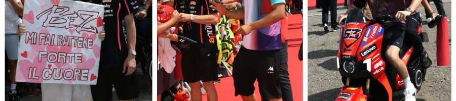 Da sinistra: Bezzecchi con una fan, piloit che firmano autografi alla Hero Walk, Bagnaia in sella ad uno scooter